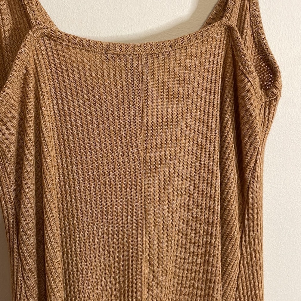 NWT F21 Ribbed Dress Small Camel Tan Tank Mini Lace Jersey Knit Stretch Babydoll - Picture 11 of 14